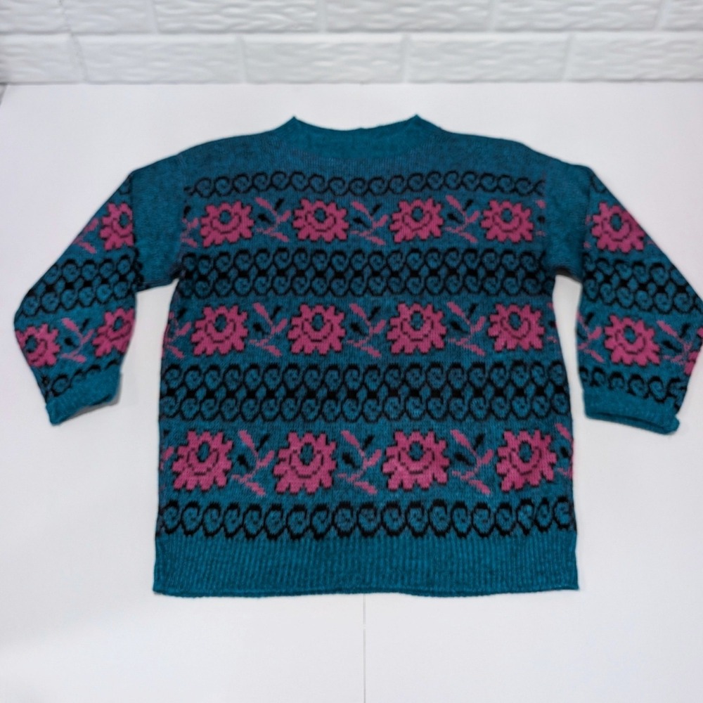 Sportissimo Vintage Teal Pink Floral Intarsia Knit Crewneck Sweater Womens Small